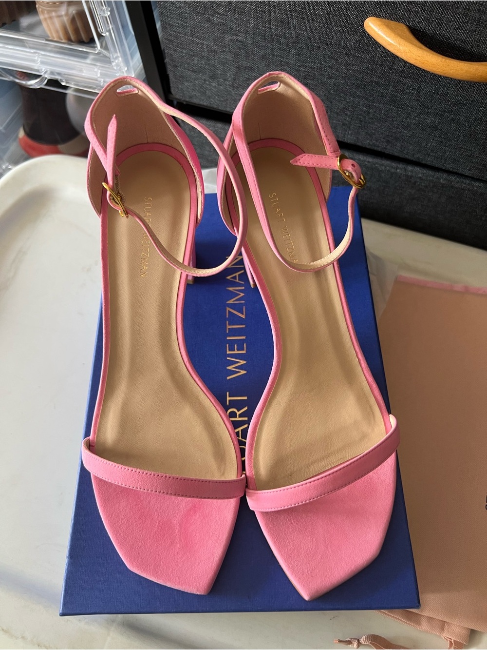 Stuart Weitzman Baby Pink Amelia Block Sue-Suede Size 10